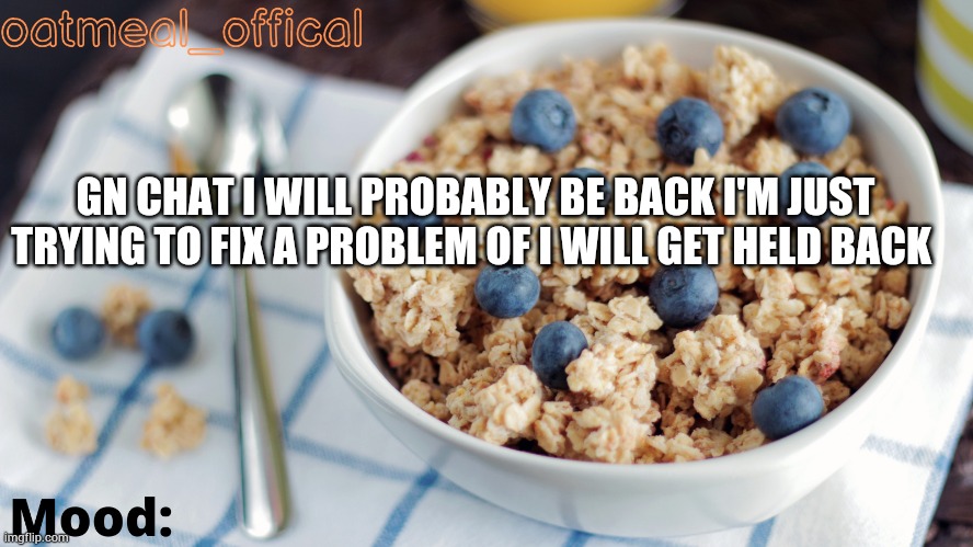 The Oat Temp | GN CHAT I WILL PROBABLY BE BACK I'M JUST TRYING TO FIX A PROBLEM OF I WILL GET HELD BACK | image tagged in the oat temp | made w/ Imgflip meme maker