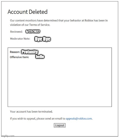 POV: You said hi in roblox | 6/22/2022; Bye Bye; Profanity; hello | image tagged in banned from roblox | made w/ Imgflip meme maker