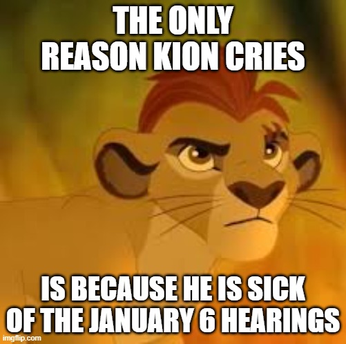 Kion crybaby | THE ONLY REASON KION CRIES; IS BECAUSE HE IS SICK OF THE JANUARY 6 HEARINGS | image tagged in kion crybaby | made w/ Imgflip meme maker