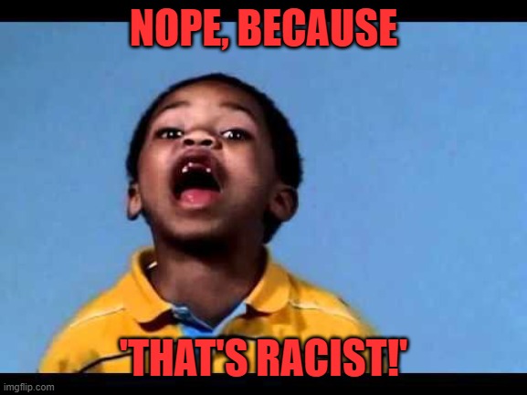 That's racist 2 | NOPE, BECAUSE 'THAT'S RACIST!' | image tagged in that's racist 2 | made w/ Imgflip meme maker