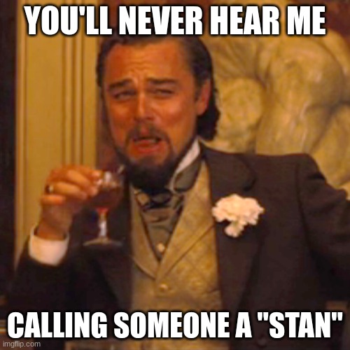 Sycophant? Stalker? | YOU'LL NEVER HEAR ME; CALLING SOMEONE A "STAN" | image tagged in memes,laughing leo | made w/ Imgflip meme maker