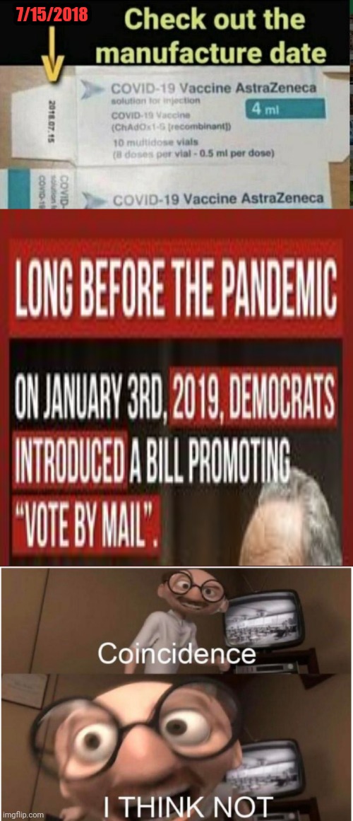 The Vaccine date to Mail in Voting coincidence | 7/15/2018 | image tagged in coincidence i think not,vaccines,mail,voting,election fraud | made w/ Imgflip meme maker