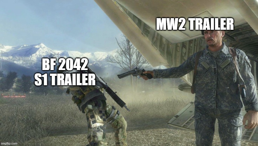Shepard and Ghost | MW2 TRAILER; BF 2042 S1 TRAILER | image tagged in shepard and ghost | made w/ Imgflip meme maker