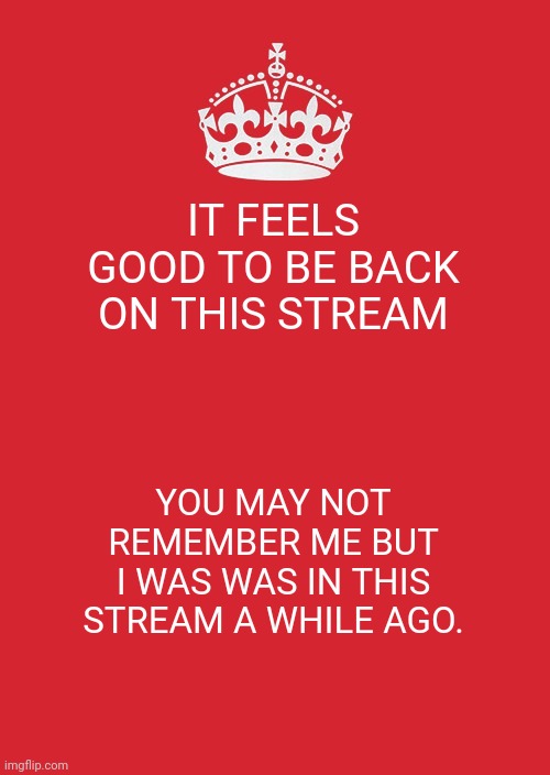 Modnote: i remember | IT FEELS GOOD TO BE BACK ON THIS STREAM; YOU MAY NOT REMEMBER ME BUT I WAS WAS IN THIS STREAM A WHILE AGO. | image tagged in memes,keep calm and carry on red | made w/ Imgflip meme maker