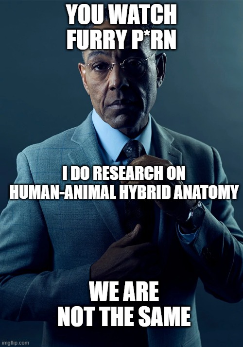 We are not the same | YOU WATCH FURRY P*RN; I DO RESEARCH ON HUMAN-ANIMAL HYBRID ANATOMY; WE ARE NOT THE SAME | image tagged in we are not the same | made w/ Imgflip meme maker