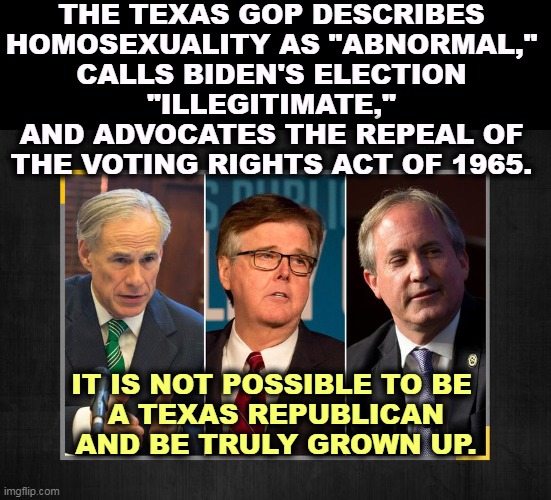 What a loathesome bunch of toads. | THE TEXAS GOP DESCRIBES 
HOMOSEXUALITY AS "ABNORMAL," 
CALLS BIDEN'S ELECTION 
"ILLEGITIMATE," 
AND ADVOCATES THE REPEAL OF 
THE VOTING RIGHTS ACT OF 1965. IT IS NOT POSSIBLE TO BE 
A TEXAS REPUBLICAN AND BE TRULY GROWN UP. | image tagged in greg abbott dan patrick ken paxton texas death squad,texas,republicans,childish,nonsense | made w/ Imgflip meme maker