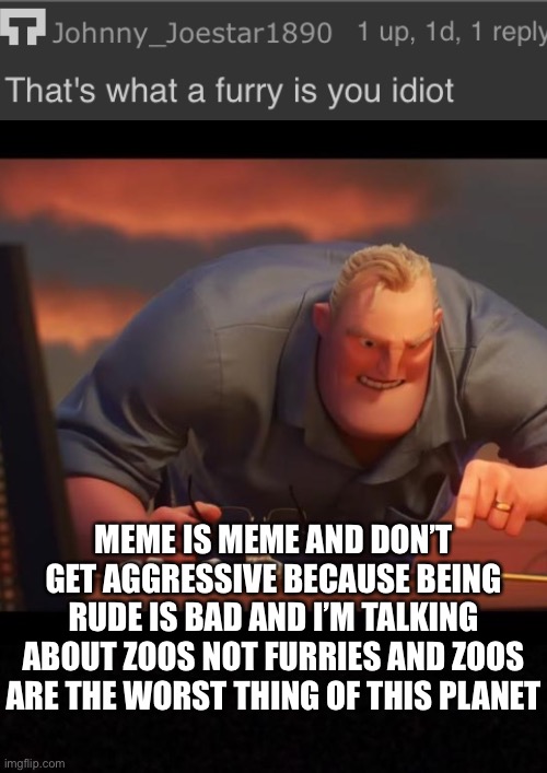 Meme is meme | MEME IS MEME AND DON’T GET AGGRESSIVE BECAUSE BEING RUDE IS BAD AND I’M TALKING ABOUT ZOOS NOT FURRIES AND ZOOS ARE THE WORST THING OF THIS PLANET | image tagged in memes | made w/ Imgflip meme maker