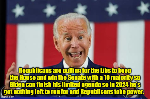 Nowhere man... |  Republicans are pulling for the Libs to keep the House and win the Senate with a 10 majority so Biden can finish his limited agenda so in 2024 he's got nothing left to run for and Republicans take power. | image tagged in biden,libs,2024 election,maga,democracy | made w/ Imgflip meme maker
