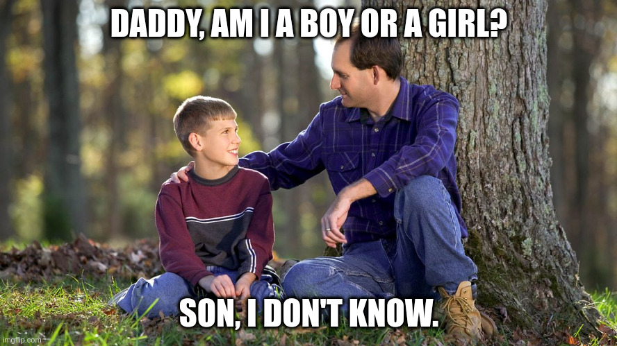 Father teaches son | DADDY, AM I A BOY OR A GIRL? SON, I DON'T KNOW. | image tagged in father teaches son,ConservativeKiwi | made w/ Imgflip meme maker