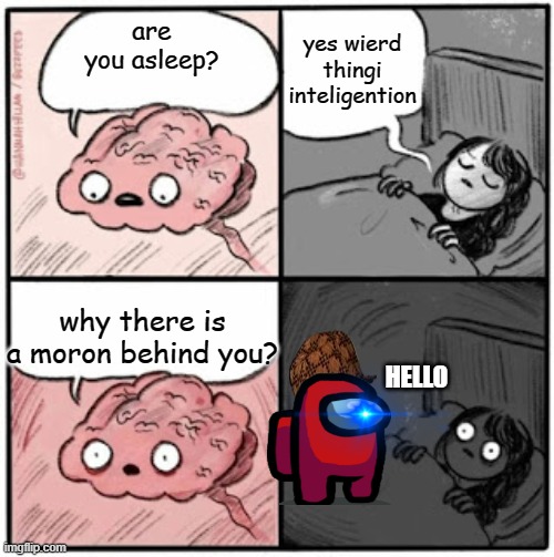 moron behind you | yes wierd thingi inteligention; are you asleep? why there is a moron behind you? HELLO | image tagged in brain before sleep | made w/ Imgflip meme maker