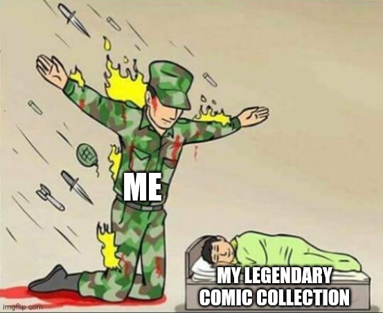 Comic collection | ME; MY LEGENDARY COMIC COLLECTION | image tagged in soldier protecting sleeping child | made w/ Imgflip meme maker