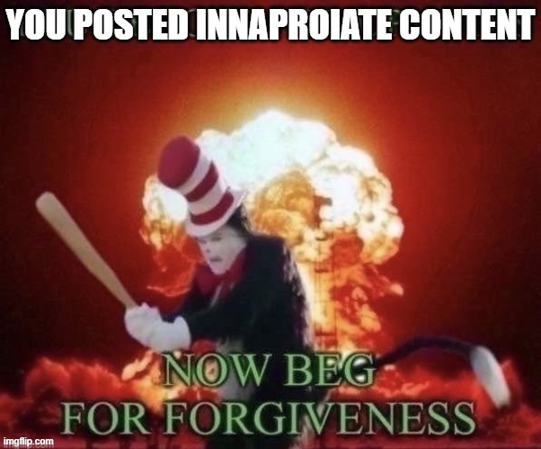 YOU BEGGED FOR UPVOTES | YOU POSTED INNAPROIATE CONTENT | image tagged in you begged for upvotes | made w/ Imgflip meme maker