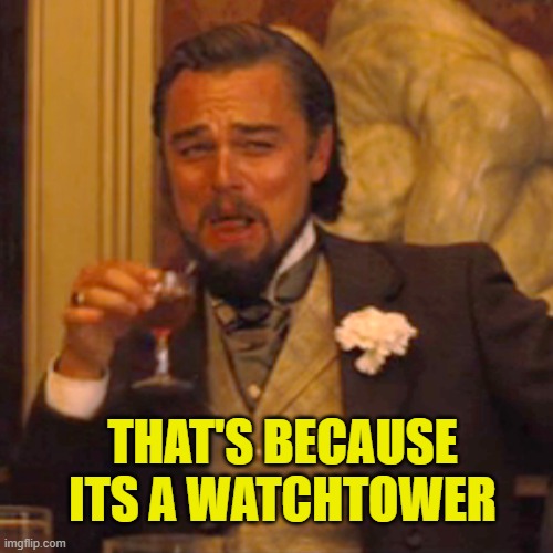 Laughing Leo Meme | THAT'S BECAUSE ITS A WATCHTOWER | image tagged in memes,laughing leo | made w/ Imgflip meme maker