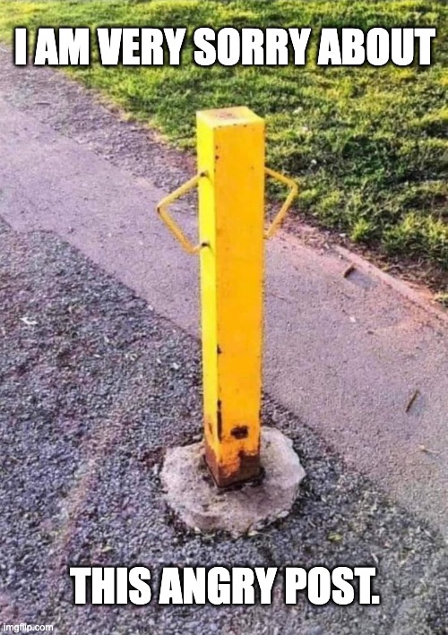 Post | I AM VERY SORRY ABOUT; THIS ANGRY POST. | image tagged in bad pun | made w/ Imgflip meme maker