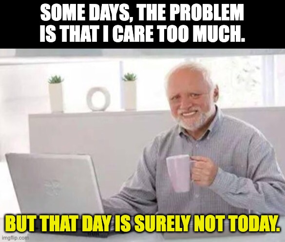 Care | SOME DAYS, THE PROBLEM IS THAT I CARE TOO MUCH. BUT THAT DAY IS SURELY NOT TODAY. | image tagged in harold | made w/ Imgflip meme maker