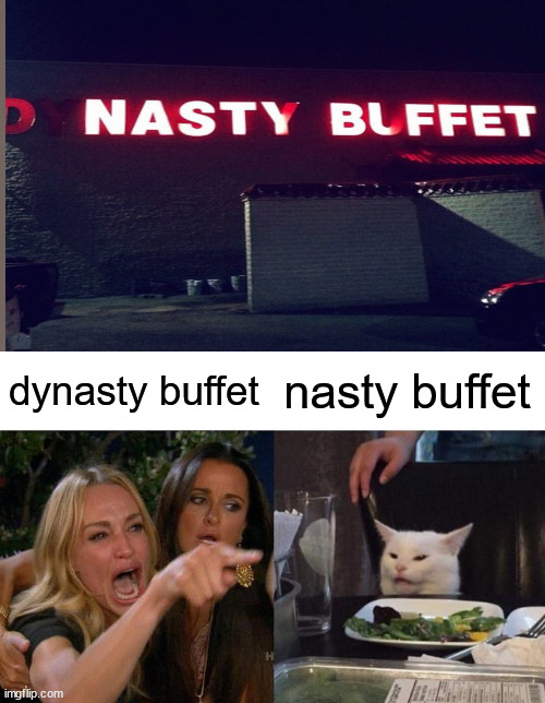 dynasty buffet; nasty buffet | image tagged in memes,woman yelling at cat | made w/ Imgflip meme maker