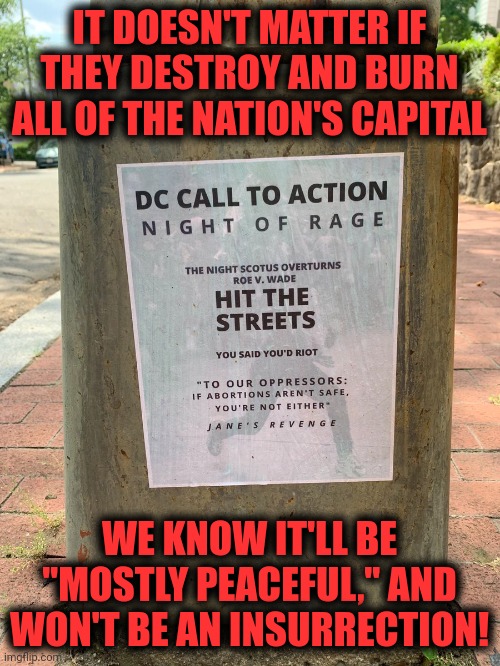 Let the lies begin again |  IT DOESN'T MATTER IF THEY DESTROY AND BURN ALL OF THE NATION'S CAPITAL; WE KNOW IT'LL BE "MOSTLY PEACEFUL," AND WON'T BE AN INSURRECTION! | image tagged in memes,night of rage,abortion,roe vs wade,district of columbia,insurrection | made w/ Imgflip meme maker