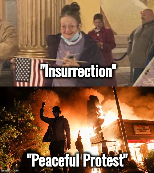 "Insurrection" "Peaceful Protest" | image tagged in grandma insurrection,blm riots | made w/ Imgflip meme maker