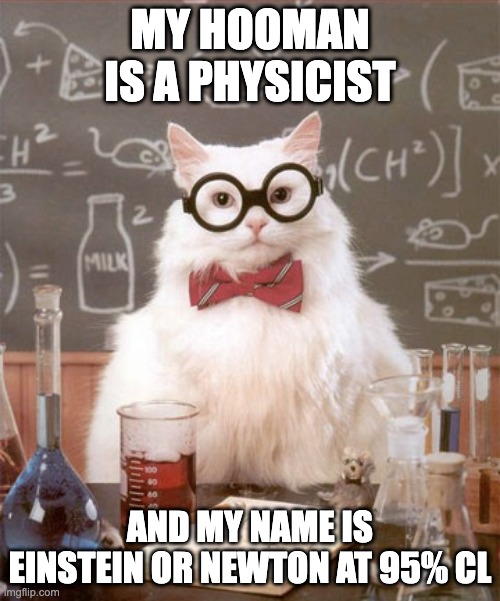 Predictable cat names | MY HOOMAN IS A PHYSICIST; AND MY NAME IS EINSTEIN OR NEWTON AT 95% CL | image tagged in science cat physics,science,cat | made w/ Imgflip meme maker