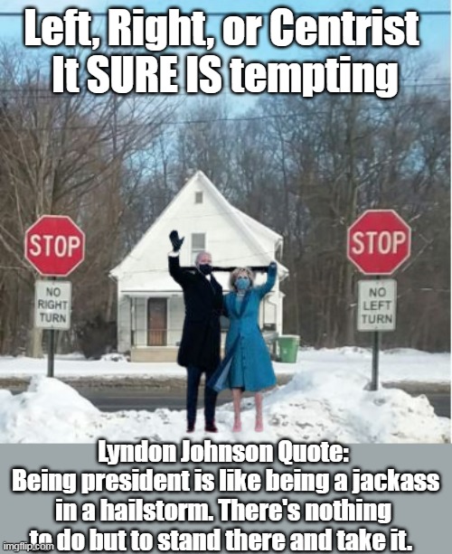 If only our JACKASS could manage to STAND | Left, Right, or Centrist 
It SURE IS tempting; Lyndon Johnson Quote:
 Being president is like being a jackass in a hailstorm. There's nothing to do but to stand there and take it. | image tagged in biden unites entire country against him | made w/ Imgflip meme maker