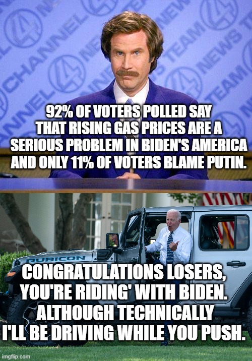 Ridin' with Biden has taken on a whole new meaning, eh Dem Party voters? | 92% OF VOTERS POLLED SAY THAT RISING GAS PRICES ARE A SERIOUS PROBLEM IN BIDEN'S AMERICA AND ONLY 11% OF VOTERS BLAME PUTIN. CONGRATULATIONS LOSERS, YOU'RE RIDING' WITH BIDEN.  ALTHOUGH TECHNICALLY I'LL BE DRIVING WHILE YOU PUSH. | image tagged in anchorman news update | made w/ Imgflip meme maker