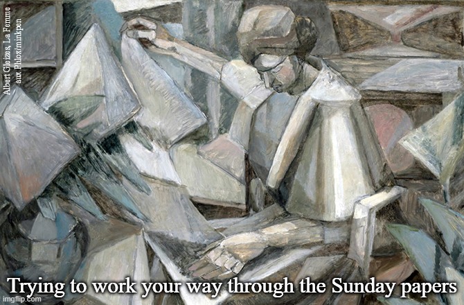 Sunday Papers | Albert Gleizes, La Femme
aux Phlox/minkpen; Trying to work your way through the Sunday papers | image tagged in art memes,cubism,sunday papers,sunday,broadsheet,reading | made w/ Imgflip meme maker