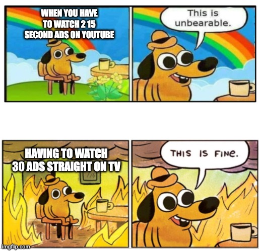 heh. | WHEN YOU HAVE TO WATCH 2 15 SECOND ADS ON YOUTUBE; HAVING TO WATCH 30 ADS STRAIGHT ON TV | image tagged in unbearable | made w/ Imgflip meme maker