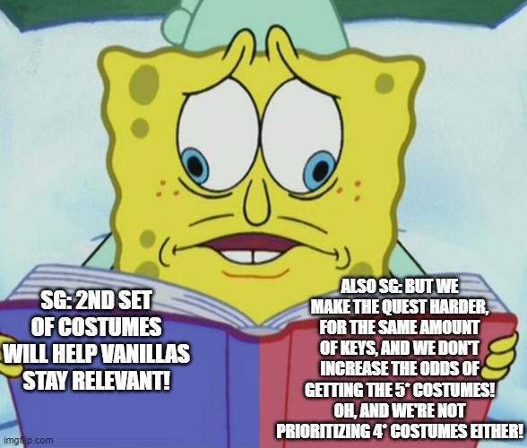 Conflicted |  ALSO SG: BUT WE MAKE THE QUEST HARDER, FOR THE SAME AMOUNT OF KEYS, AND WE DON'T INCREASE THE ODDS OF GETTING THE 5* COSTUMES! OH, AND WE'RE NOT PRIORITIZING 4* COSTUMES EITHER! SG: 2ND SET OF COSTUMES WILL HELP VANILLAS STAY RELEVANT! | image tagged in conflicted | made w/ Imgflip meme maker