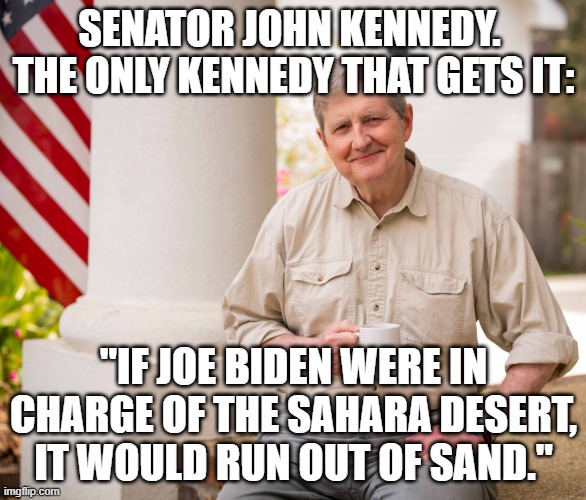 A Kennedy that gets it.  Just about as rare as rare gets. | SENATOR JOHN KENNEDY.  THE ONLY KENNEDY THAT GETS IT:; "IF JOE BIDEN WERE IN CHARGE OF THE SAHARA DESERT, IT WOULD RUN OUT OF SAND." | image tagged in kennedy | made w/ Imgflip meme maker