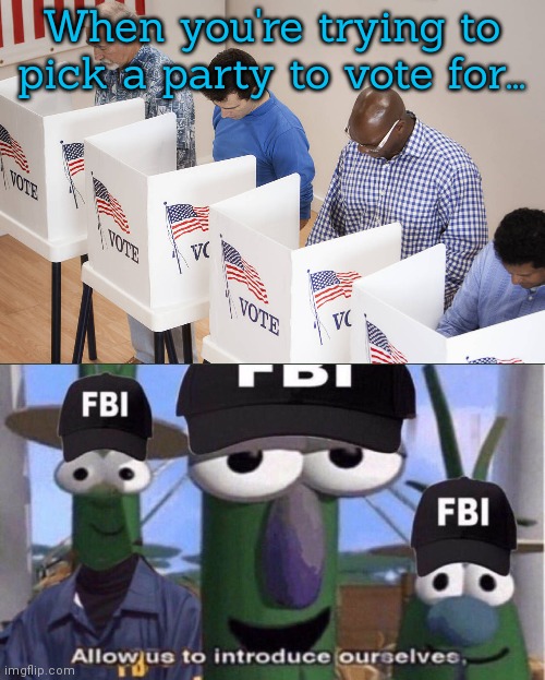 Vote crusaders/ FBI | When you're trying to pick a party to vote for... | image tagged in voting booth,why is the fbi here,crusader knight with m60 machine gun | made w/ Imgflip meme maker