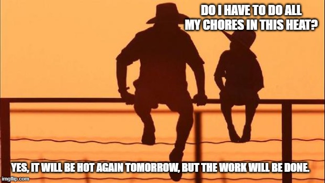 Cowboy wisdom, if work was easy, everyone would do it | DO I HAVE TO DO ALL MY CHORES IN THIS HEAT? YES, IT WILL BE HOT AGAIN TOMORROW, BUT THE WORK WILL BE DONE. | image tagged in cowboy father and son,if work was easy everyone would do it,cowboy wisdom,lets do this,hard work,teamwork | made w/ Imgflip meme maker
