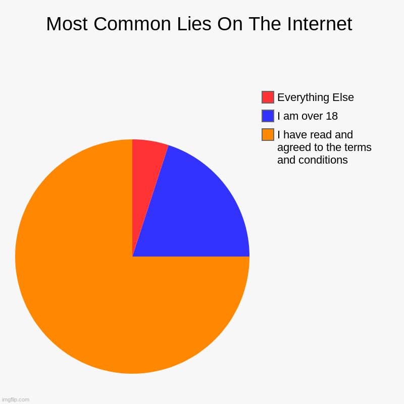 Lies on the internet | Most Common Lies On The Internet | I have read and      agreed to the terms     and conditions, I am over 18, Everything Else | image tagged in charts,pie charts | made w/ Imgflip chart maker