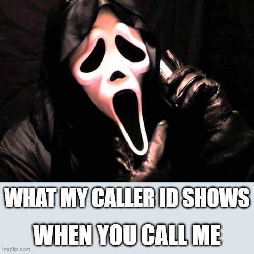 Scary phone call | WHAT MY CALLER ID SHOWS; WHEN YOU CALL ME | image tagged in scream,call,cellphone | made w/ Imgflip meme maker