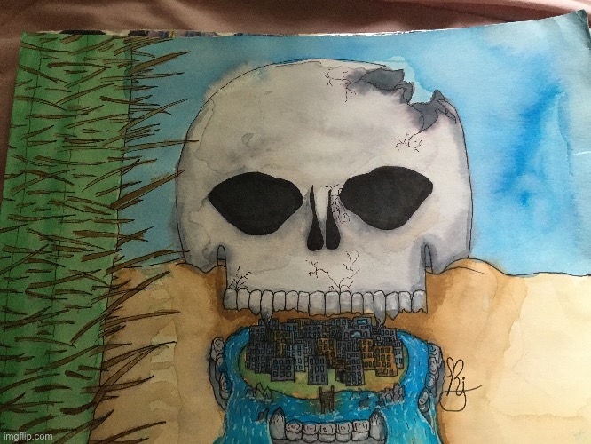 Skull city-A small world | image tagged in watercolor,i forgot to post this | made w/ Imgflip meme maker