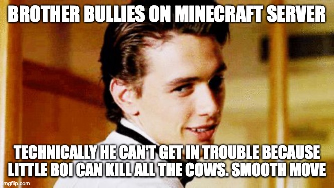 Smooth Move Sam | BROTHER BULLIES ON MINECRAFT SERVER TECHNICALLY HE CAN'T GET IN TROUBLE BECAUSE LITTLE BOI CAN KILL ALL THE COWS. SMOOTH MOVE | image tagged in smooth move sam | made w/ Imgflip meme maker