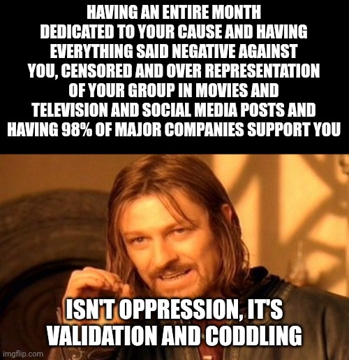The government isn't oppressing you. The vast majority of Americans aren't oppressing you. You aren't special. | HAVING AN ENTIRE MONTH DEDICATED TO YOUR CAUSE AND HAVING EVERYTHING SAID NEGATIVE AGAINST YOU, CENSORED AND OVER REPRESENTATION OF YOUR GROUP IN MOVIES AND TELEVISION AND SOCIAL MEDIA POSTS AND HAVING 98% OF MAJOR COMPANIES SUPPORT YOU; ISN'T OPPRESSION, IT'S VALIDATION AND CODDLING | image tagged in memes,one does not simply | made w/ Imgflip meme maker