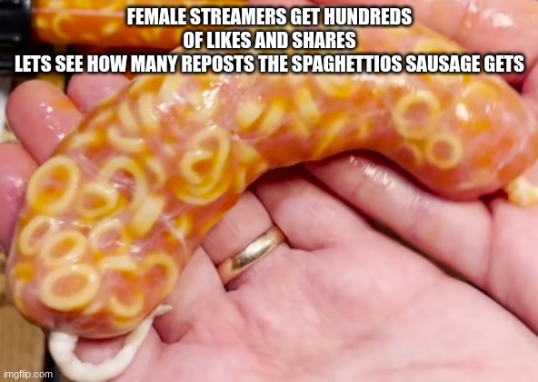 spaghettios sausage | FEMALE STREAMERS GET HUNDREDS OF LIKES AND SHARES
LETS SEE HOW MANY REPOSTS THE SPAGHETTIOS SAUSAGE GETS | image tagged in spaghettios sausage | made w/ Imgflip meme maker