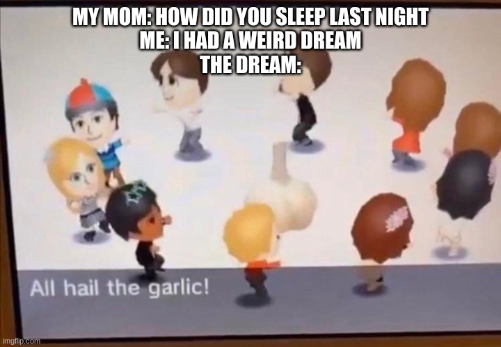 ALL HAIL THE GARLIC |  MY MOM: HOW DID YOU SLEEP LAST NIGHT
ME: I HAD A WEIRD DREAM
THE DREAM: | image tagged in all hail the garlic,lolz,wut,what is this,garlic | made w/ Imgflip meme maker