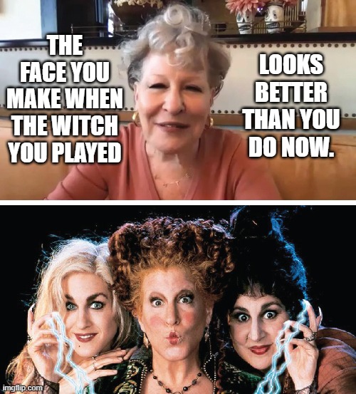 The horror! | THE FACE YOU MAKE WHEN THE WITCH YOU PLAYED; LOOKS
BETTER
THAN YOU
DO NOW. | image tagged in bette midler,memes,hocus pocus,ugly liberal hag | made w/ Imgflip meme maker
