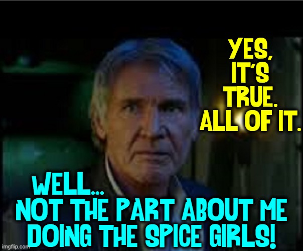 Confession Time from Harrison Ford! | YES,
IT'S
TRUE.
ALL OF IT. WELL...                        
NOT THE PART ABOUT ME
DOING THE SPICE GIRLS! | image tagged in vince vance,harrison ford,han solo,memes,spice girls,star wars | made w/ Imgflip meme maker