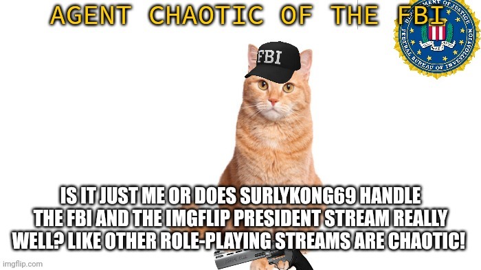 Chaotic Fbi | IS IT JUST ME OR DOES SURLYKONG69 HANDLE THE FBI AND THE IMGFLIP PRESIDENT STREAM REALLY WELL? LIKE OTHER ROLE-PLAYING STREAMS ARE CHAOTIC! | image tagged in chaotic fbi | made w/ Imgflip meme maker
