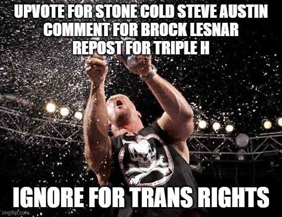 Choose your wrestler | UPVOTE FOR STONE COLD STEVE AUSTIN
COMMENT FOR BROCK LESNAR
REPOST FOR TRIPLE H; IGNORE FOR TRANS RIGHTS | image tagged in stone cold beers | made w/ Imgflip meme maker