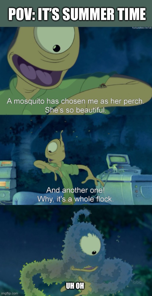Uh oh | POV: IT’S SUMMER TIME; UH OH | image tagged in mosquito attack,summer time,lilo and stitch | made w/ Imgflip meme maker
