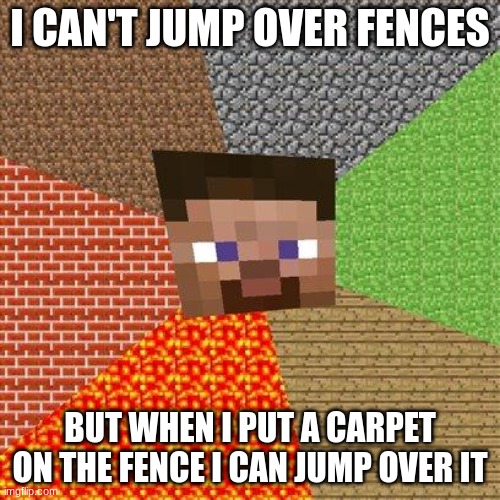 Minecraft Steve | I CAN'T JUMP OVER FENCES; BUT WHEN I PUT A CARPET ON THE FENCE I CAN JUMP OVER IT | image tagged in minecraft steve | made w/ Imgflip meme maker