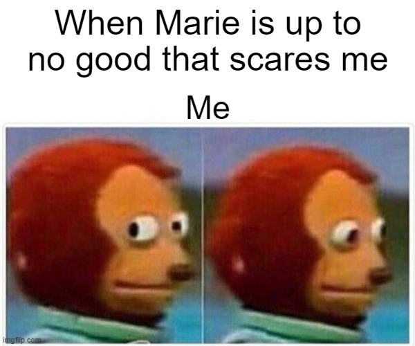 Monkey Puppet | When Marie is up to no good that scares me; Me | image tagged in memes,monkey puppet | made w/ Imgflip meme maker