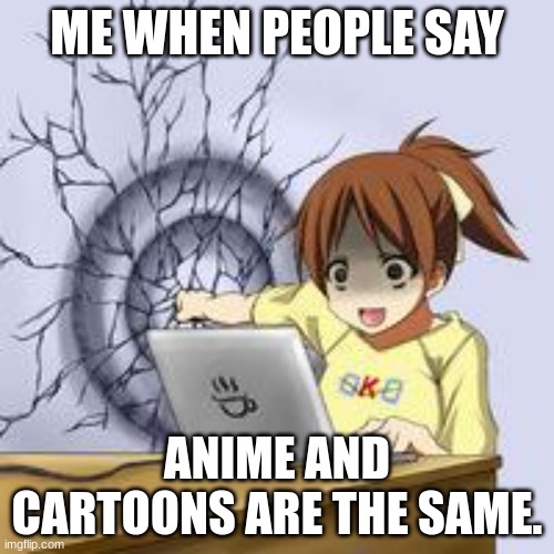 Anime wall punch | ME WHEN PEOPLE SAY; ANIME AND CARTOONS ARE THE SAME. | image tagged in anime wall punch | made w/ Imgflip meme maker