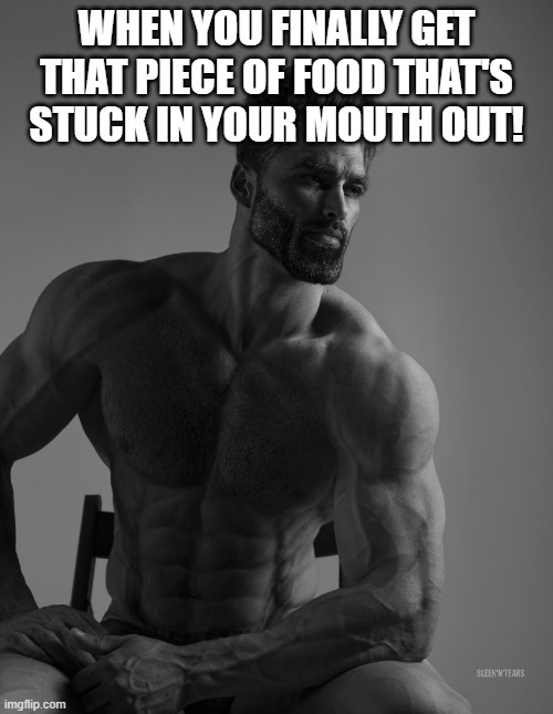 True though | WHEN YOU FINALLY GET THAT PIECE OF FOOD THAT'S STUCK IN YOUR MOUTH OUT! | image tagged in giga chad | made w/ Imgflip meme maker