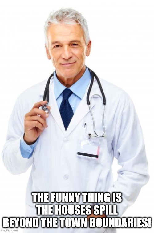 Doctor | THE FUNNY THING IS THE HOUSES SPILL BEYOND THE TOWN BOUNDARIES! | image tagged in doctor | made w/ Imgflip meme maker