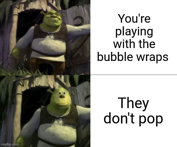 That moment | You're playing with the bubble wraps; They don't pop | image tagged in shocked shrek face swap,bubble wrap,bubble wraps,memes,meme,playing | made w/ Imgflip meme maker