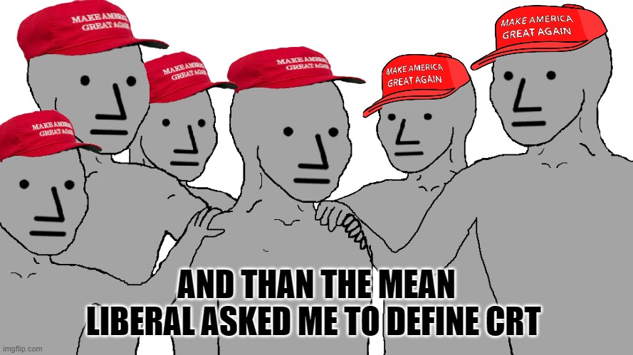 npc maga | AND THAN THE MEAN LIBERAL ASKED ME TO DEFINE CRT | image tagged in npc maga | made w/ Imgflip meme maker